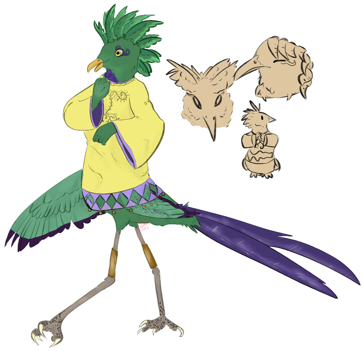 A green skinned woman with a bird's head and lower body. The crest on her head is made of many small wings, and she has two long purple tail feathers. She is wearing a simple yellow robe with purple and gold details. To the side are 3 doodles showing facial expressions. 