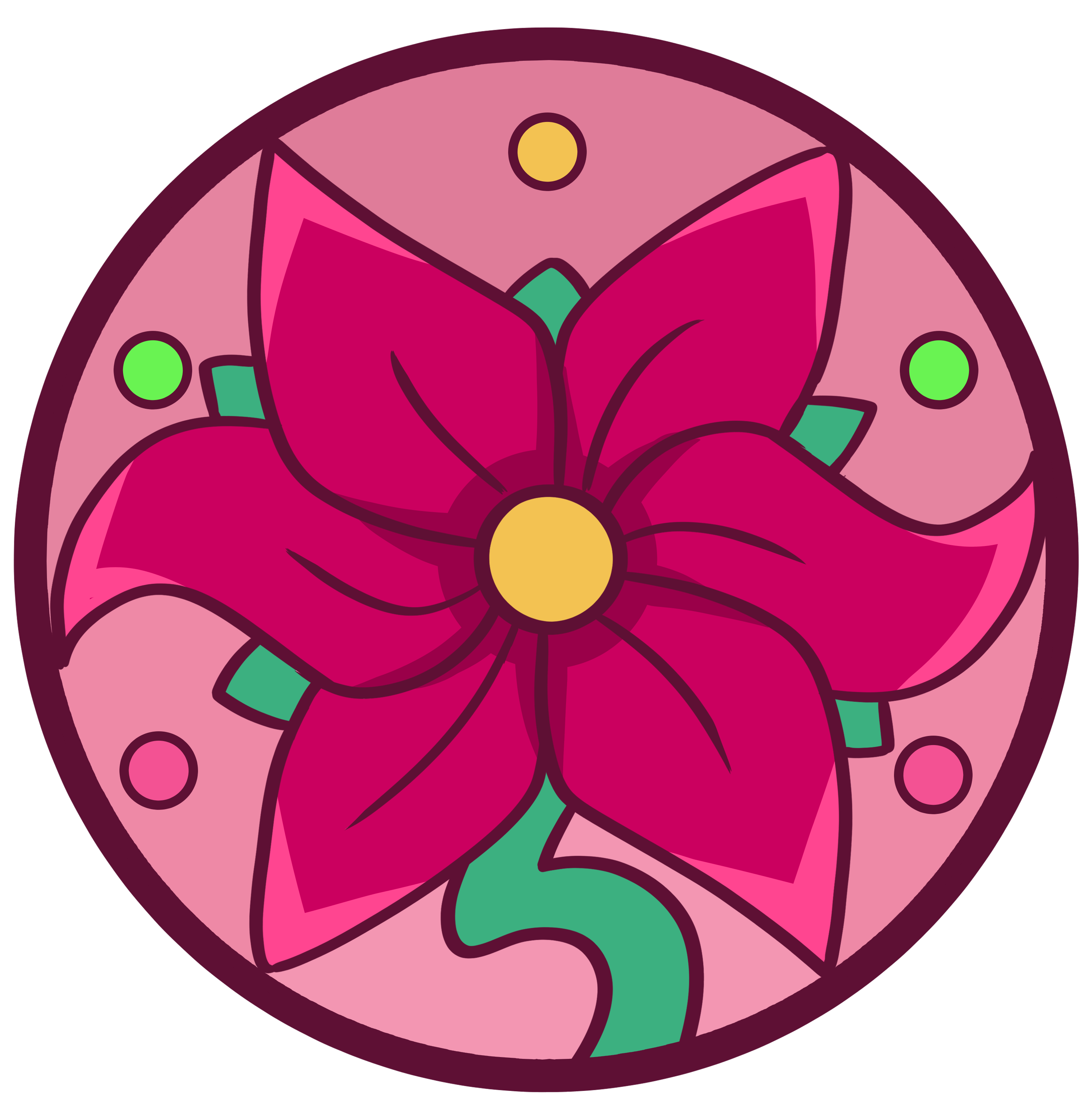 Bloom's logo, a 6 petaled flower with 5 orbs around it. It is colored in various pinks and greens.