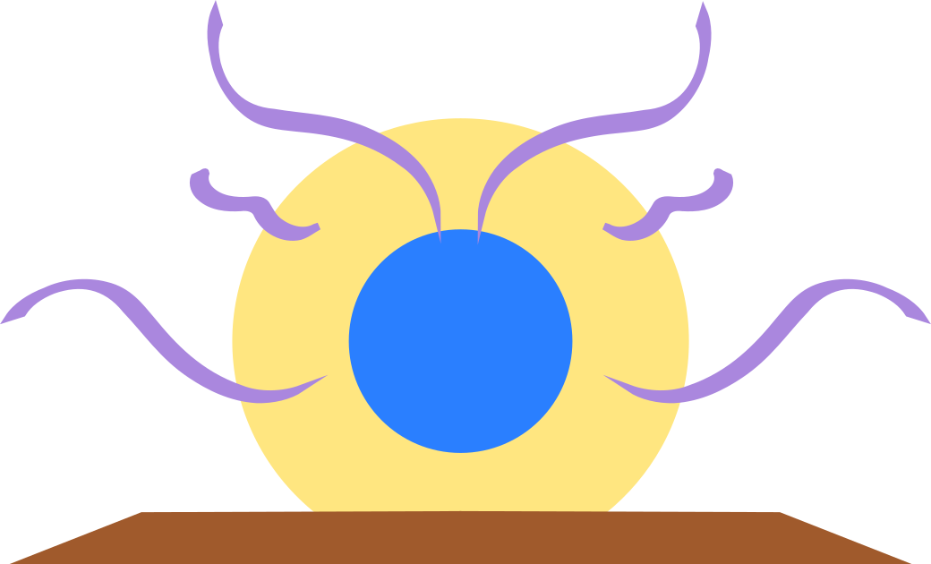 The symbol for Diatatus. It is a yellow circle surounding a smaller blue circle. It has lavender waves coming from the yellow circle. Below the circle is a tilted field of brown.