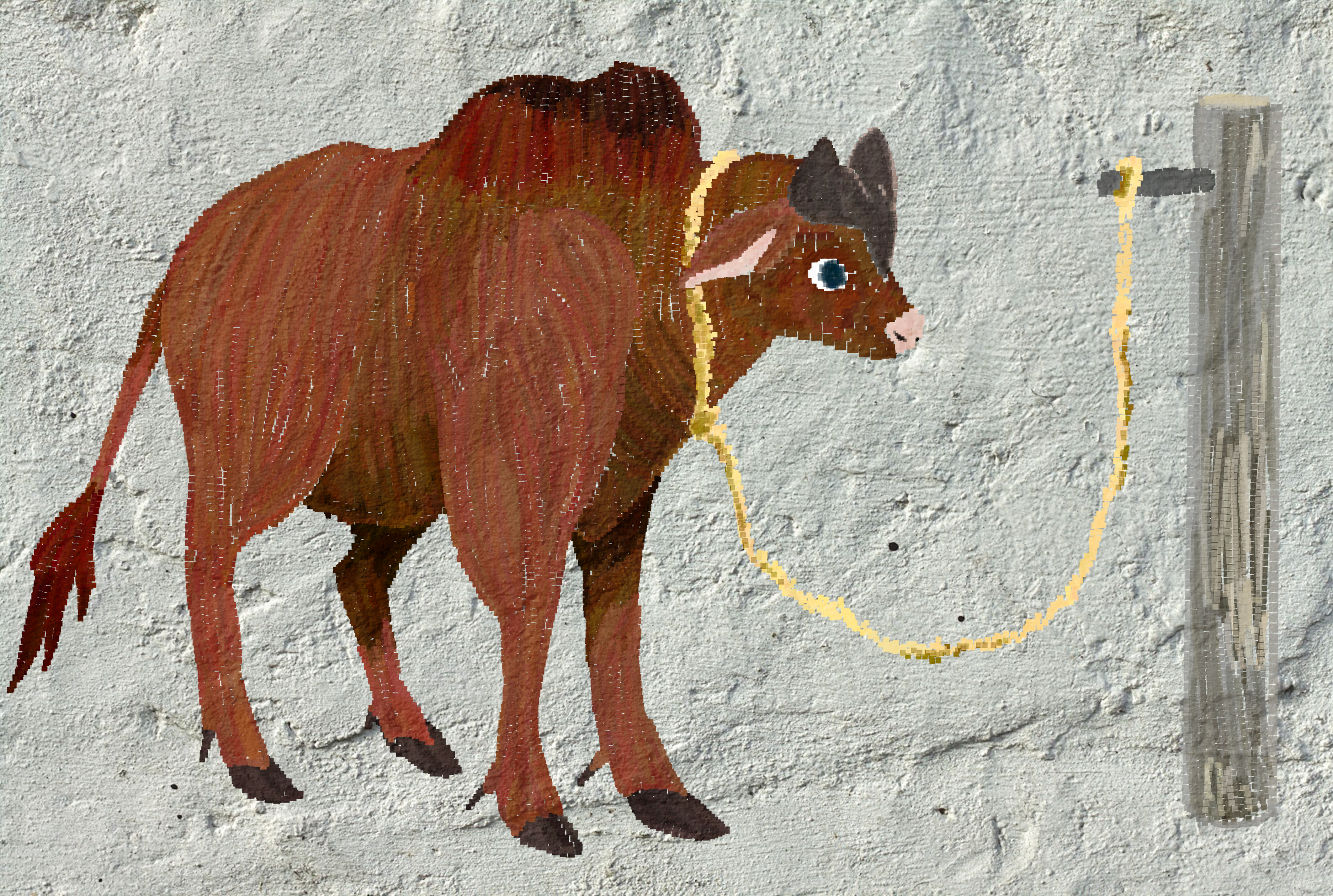 A colorful mosaic of a dark red bovine. It's horns are fused at the base, created a hard plate on the forehead. It has a golden chain looped around it's neck.